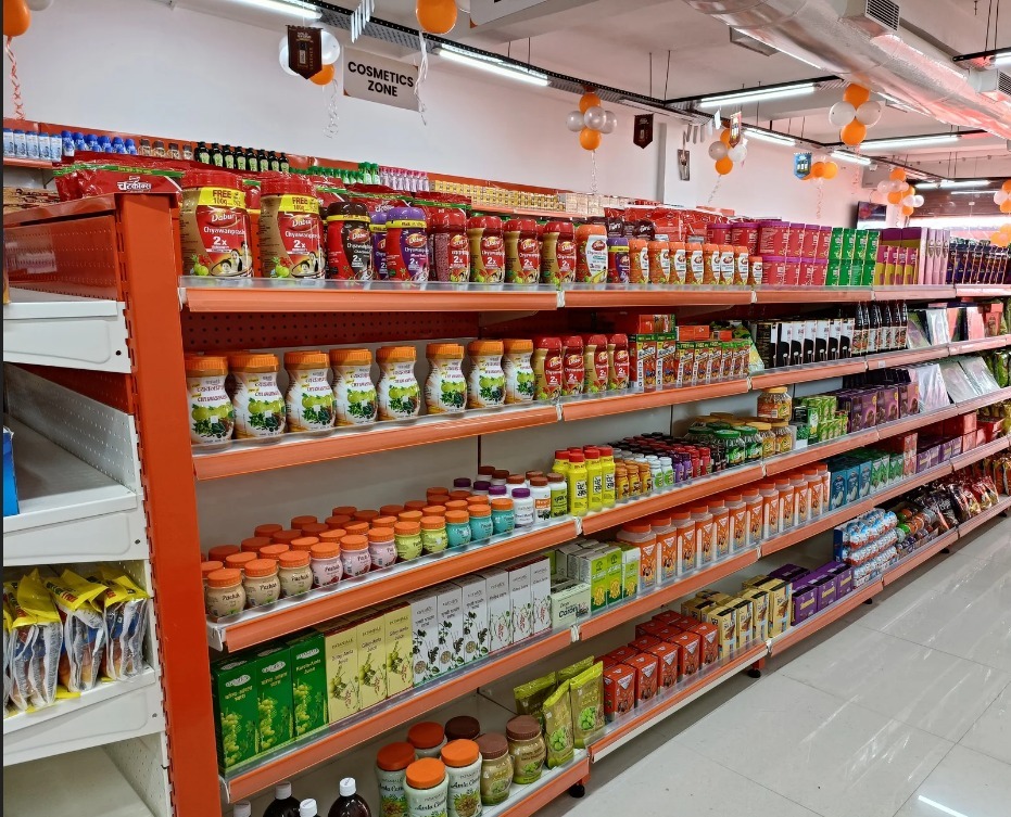 Wellness products, Patanjali juices, and herbal cosmetics displayed in the Cosmetics Zone